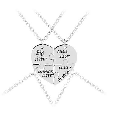 3pcs Silver Tone Little Middle Big Sister Matching Love Heart Necklace Chain Set